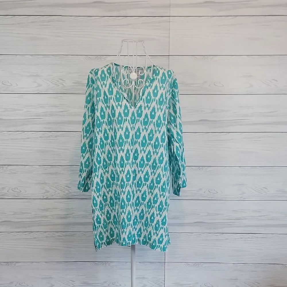 Gretchen Scott Designs Teal and White Cotton Top Womens Size L
